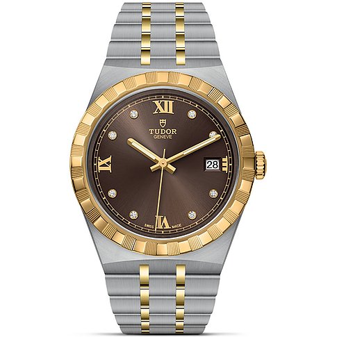 Tudor Unisexuhr mit Edelstahlgehäuse, goldfarbener Lünette, braunem Zifferblatt und Diamanten.