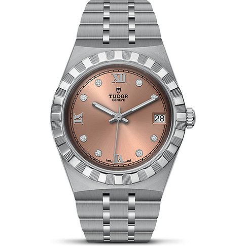 Tudor Damenuhr aus Edelstahl und Gelbgold mit Diamanten und roséfarbenem Zifferblatt.