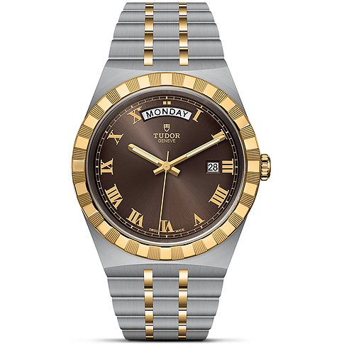 Tudor Herrenuhr mit Edelstahlgehäuse, Gelbgold und braunem Zifferblatt.
