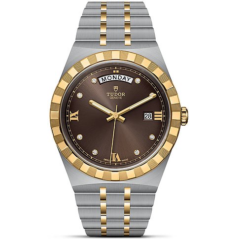Tudor Herrenuhr mit Edelstahlgehäuse, Gelbgold-Lünette und Diamanten.