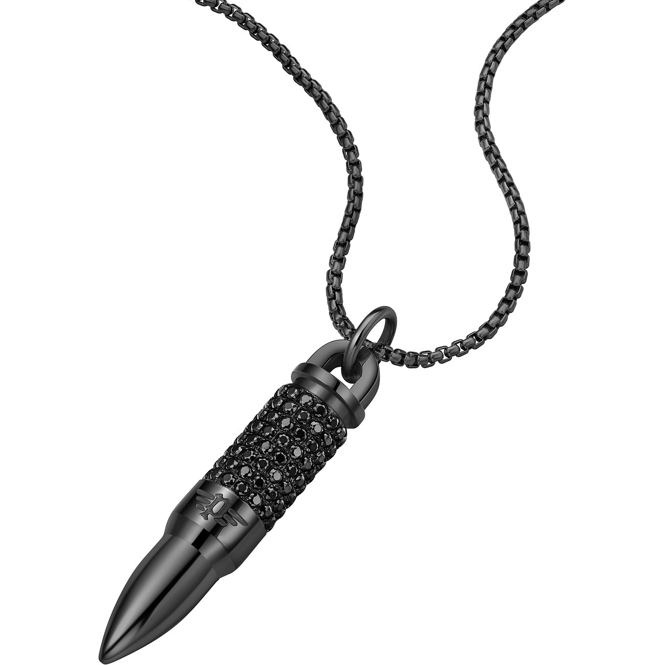 Police Halsschmuck aus Edelstahl mit kugelförmigem Anhänger, verziert mit schwarzen Schmucksteinen.