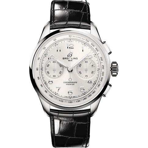 Breitling Herrenuhr aus Edelstahl mit weißem Zifferblatt und silberfarbenen Chronographenzählern.