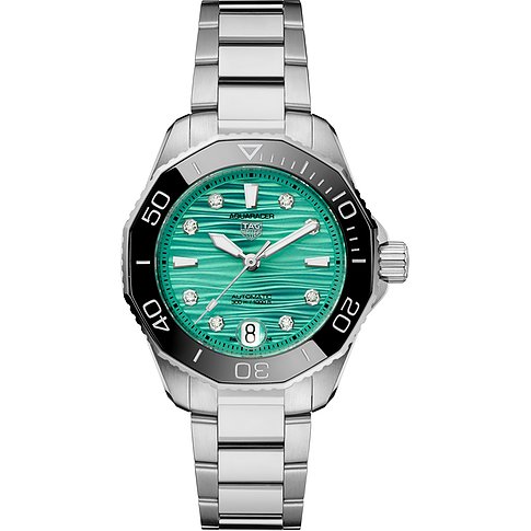 TAG Heuer Unisexuhr aus Edelstahl mit smaragdgrünem Zifferblatt und funkelnden Diamanten.