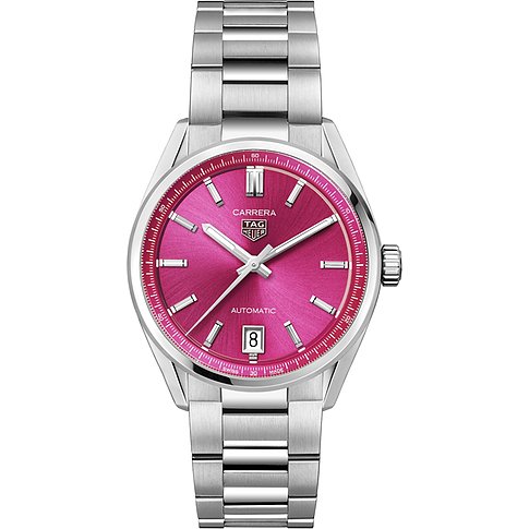 TAG Heuer Damenuhr mit Edelstahlgehäuse, pinkem Zifferblatt und Automatikwerk.