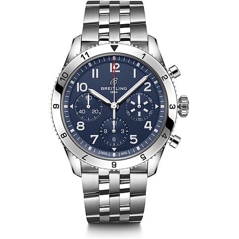 Breitling Herrenuhr aus Edelstahl mit marineblauem Zifferblatt und Chronographenfunktionen, frontal aufgenommen.