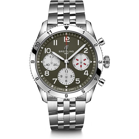 Breitling Herrenuhr aus Edelstahl mit olivgrünem Zifferblatt und Chronographenfunktionen, frontal abgebildet.