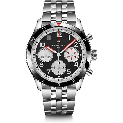 Breitling Herrenuhr aus Edelstahl und Keramik mit schwarzem Zifferblatt und silbernem Gliederarmband.