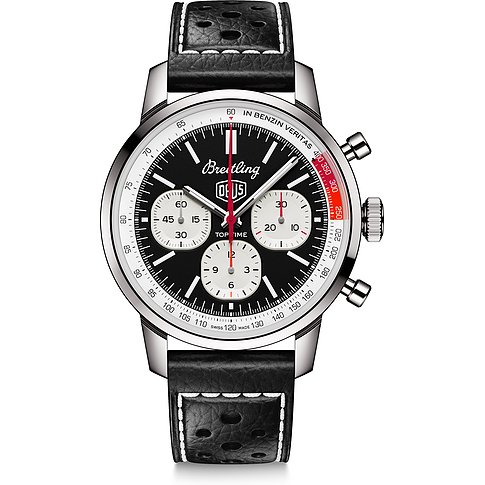 Breitling Herrenuhr aus Edelstahl mit schwarzem Zifferblatt, drei Hilfszifferblättern und schwarzem Lederarmband.