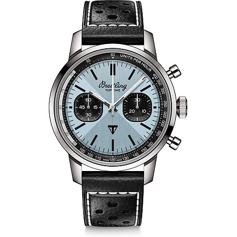 Breitling Herrenuhr aus Edelstahl mit hellem, eisblauem Zifferblatt und schwarzem Lederarmband.