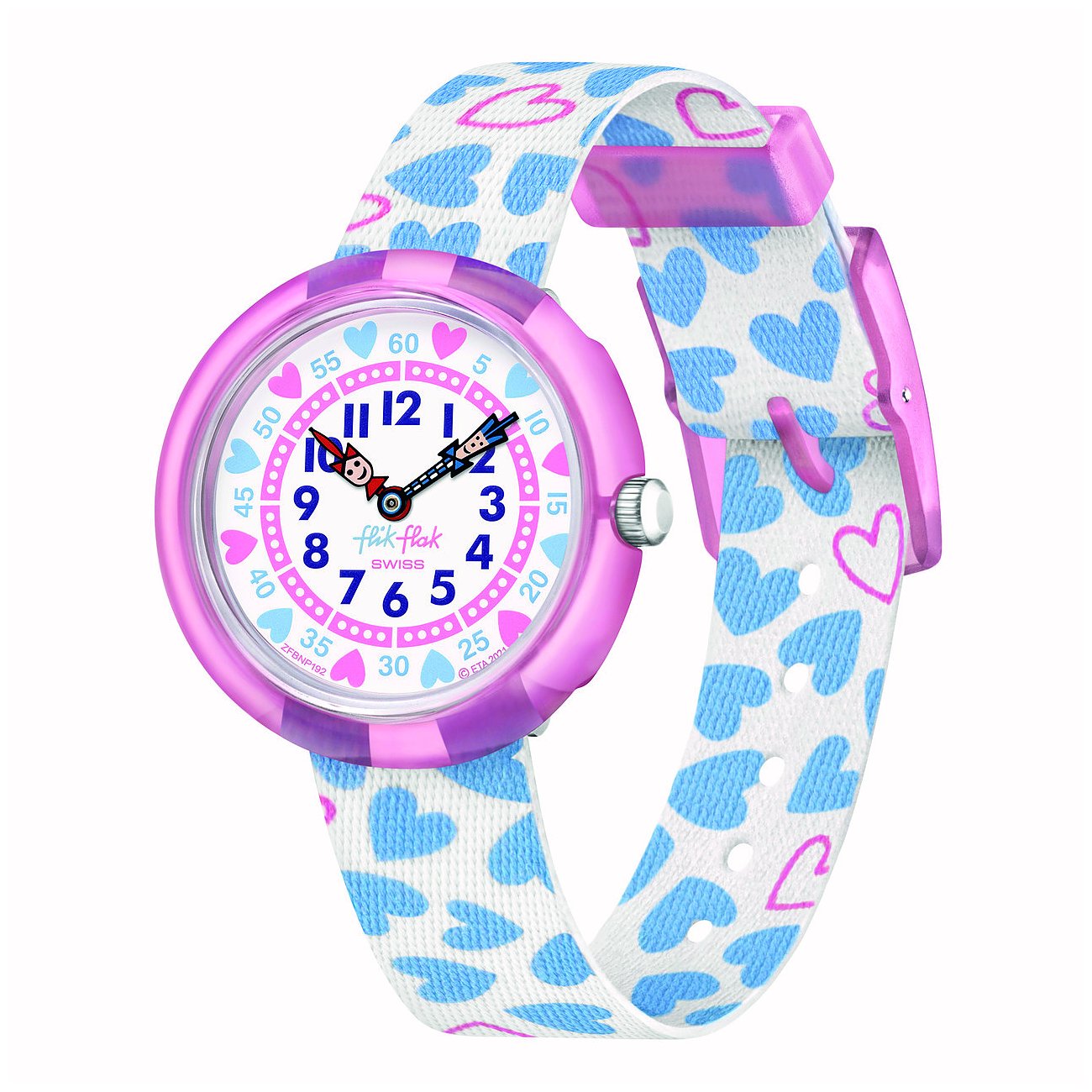 Flik Flak Kinder-/Jugenduhr aus Kunststoff, mit rosa Gehäuse und weißem Armband mit blauen und rosa Herzen.