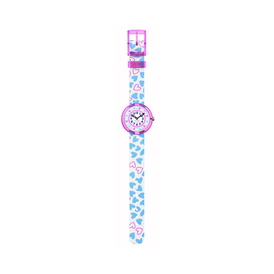 Flik Flak Kinder-/Jugenduhr aus Kunststoff. Weißes Armband mit blauen und pinken Herzen. Rosafarbenes Zifferblatt.