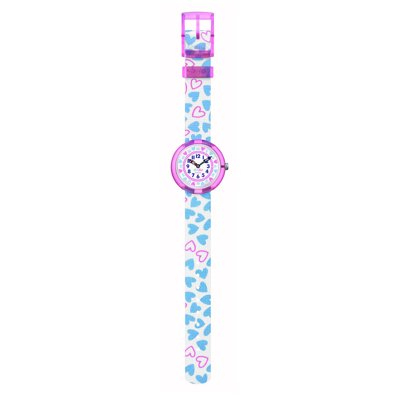Flik Flak Kinder-/Jugenduhr aus Kunststoff. Weißes Armband mit blauen und pinken Herzen. Rosafarbenes Zifferblatt.