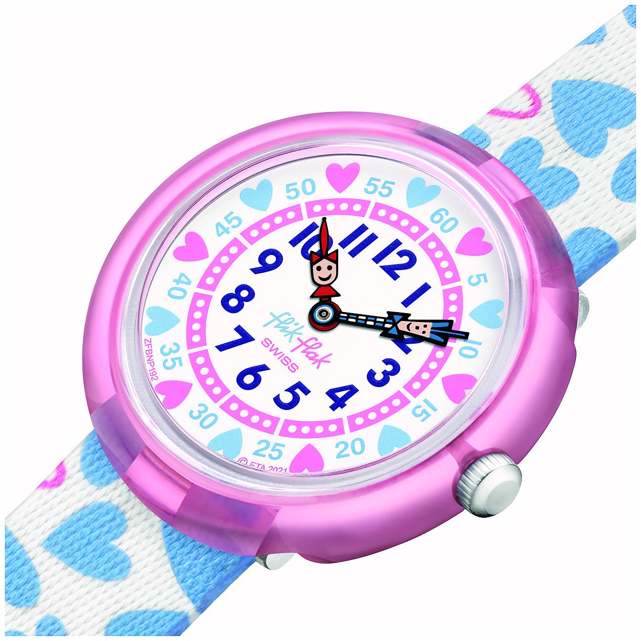 Flik Flak Kinder-/Jugenduhr aus Kunststoff, mit rosa Zifferblatt und blau-weißem Herz-Armband.
