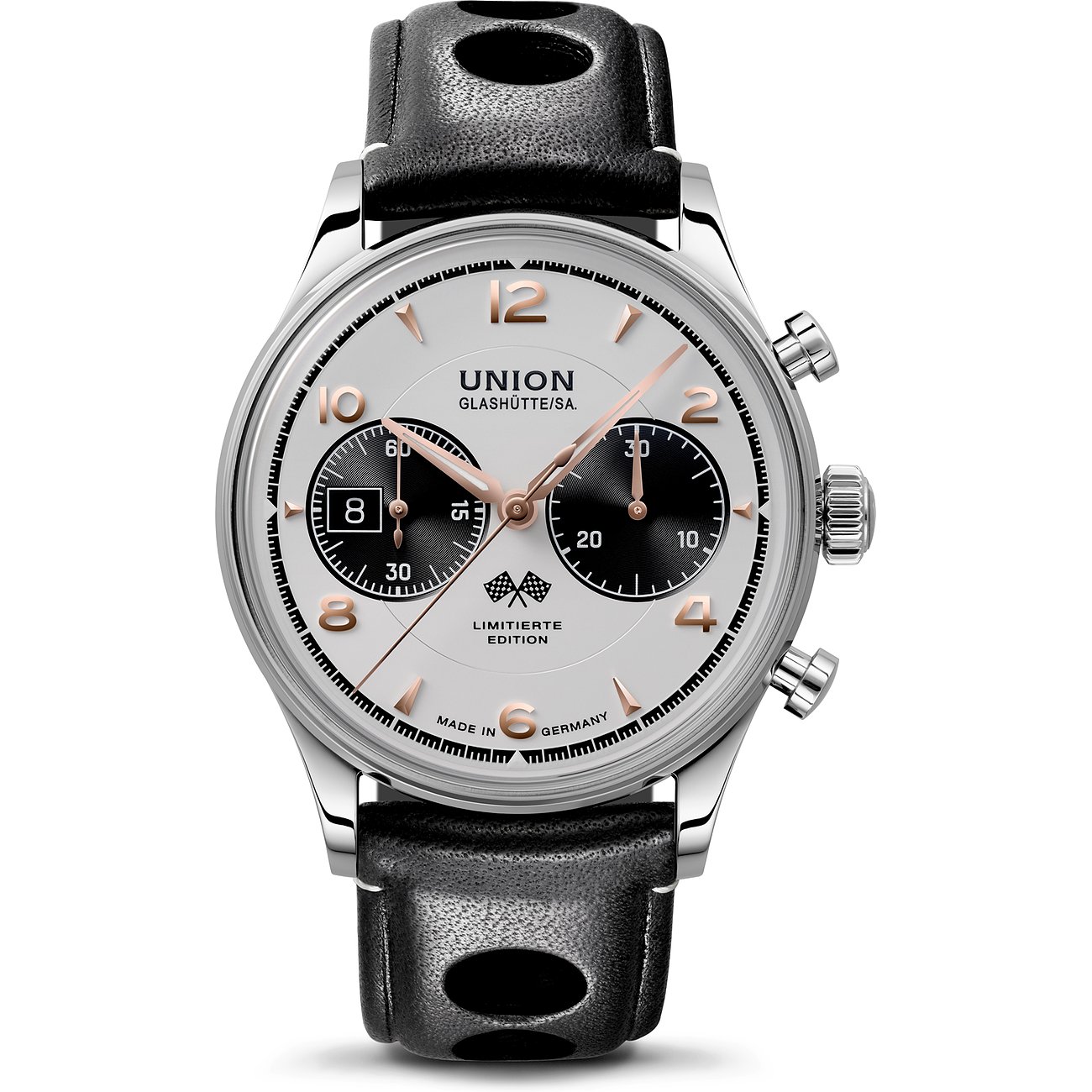 Union Glashütte Uhr: Edelstahlgehäuse, schwarzes Armband, helles Zifferblatt mit zwei dunklen Hilfszifferblättern.