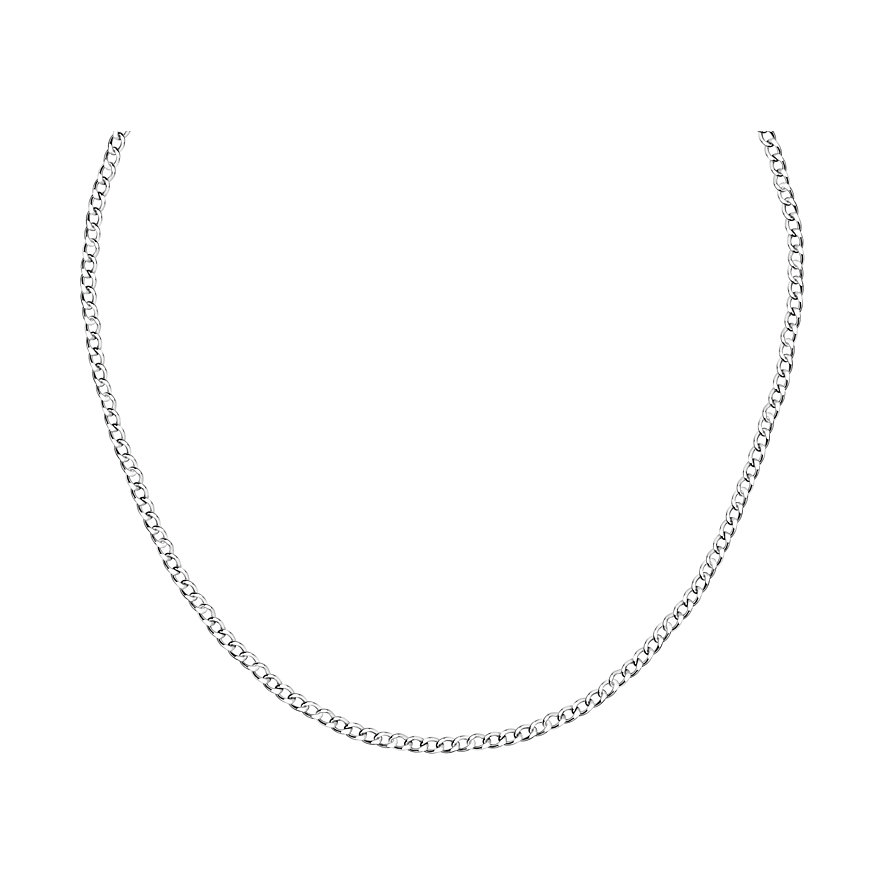 Een 375 witgouden halsketting, als een fijne, glanzende ketting, gerangschikt in een wijde boog.
