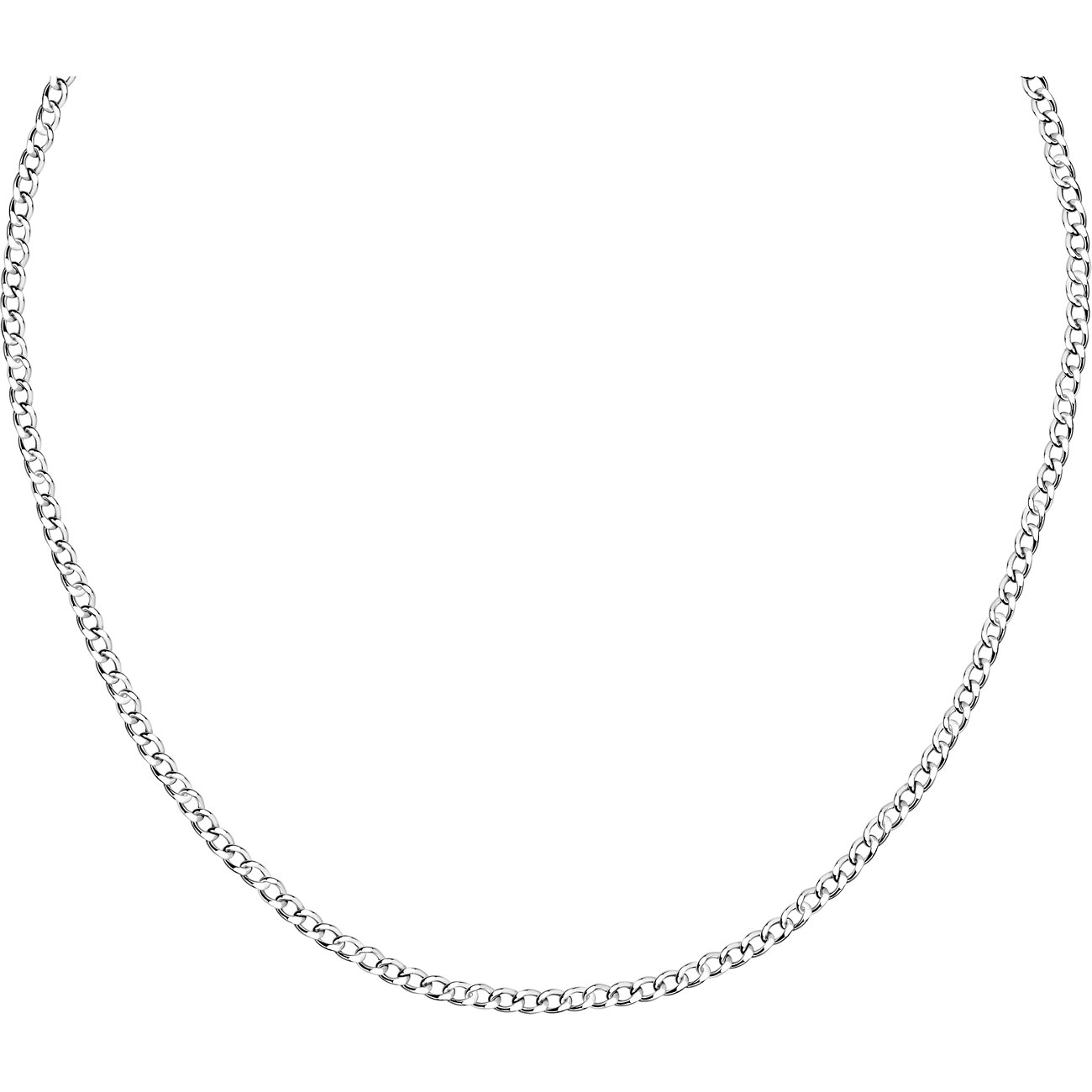 Een 375 witgouden halsketting, als een fijne, glanzende ketting, gerangschikt in een wijde boog.