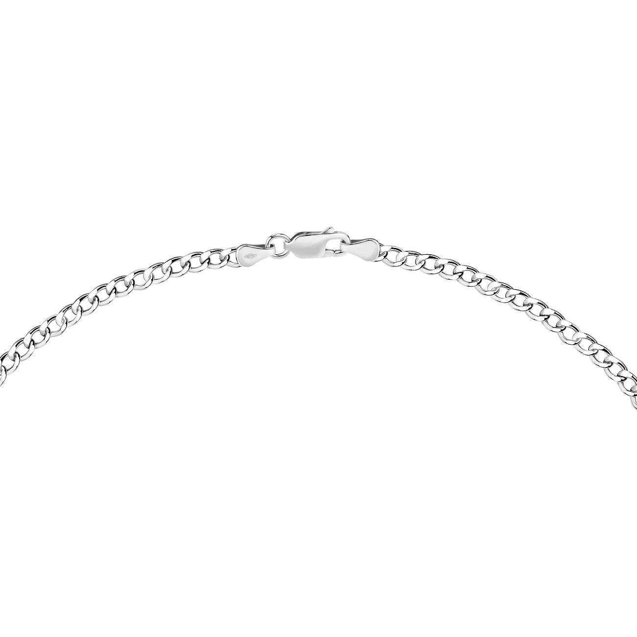 Halsketting van 375 witgoud, een pantserketting met kleine sluiting, frontaal op witte achtergrond.