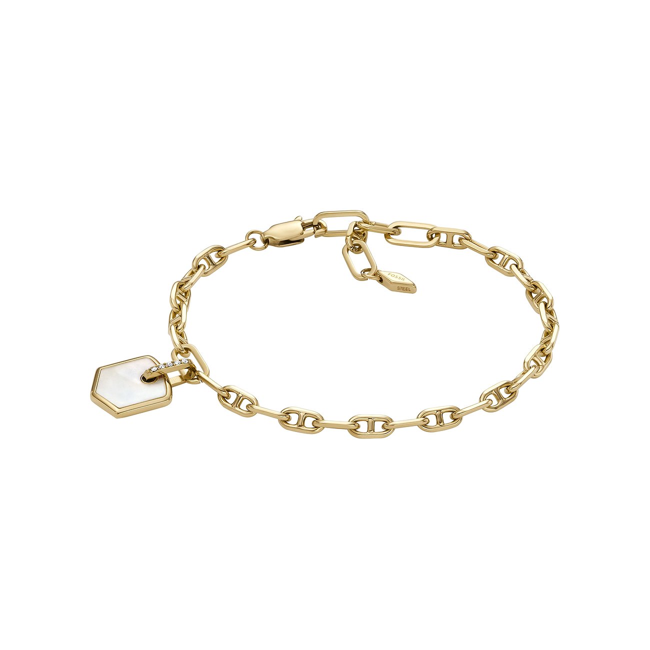 Fossil Armband aus Edelstahl mit Perlmutt-Anhänger und Zirkonia.