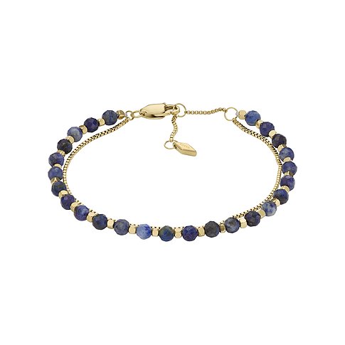 Fossil Armband aus Edelstahl mit Lapislazuli und goldfarbenen Elementen.