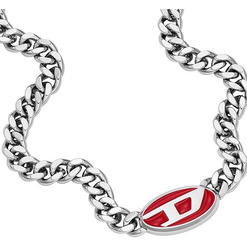 Diesel halsband i rostfritt stål med ovalt hänge och röd logotyp.