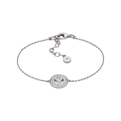 Emporio Armani Armband aus Silber mit einem mittigen Kreisanhänger, der mit Glassteinen und dem Adler-Logo versehen ist.