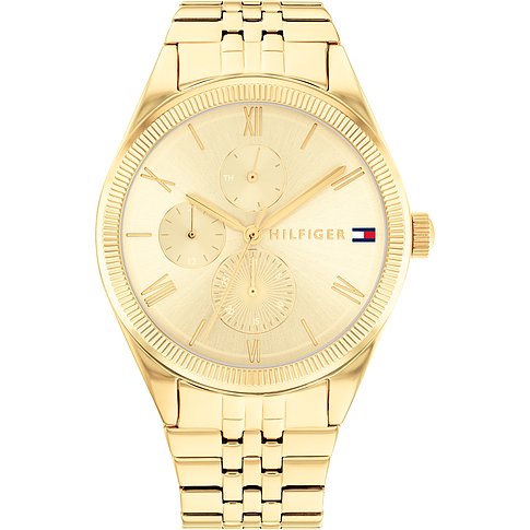 Tommy Hilfiger Damenuhr aus goldfarbenem Edelstahl mit Zifferblatt und drei Hilfszifferblättern, frontalansicht.