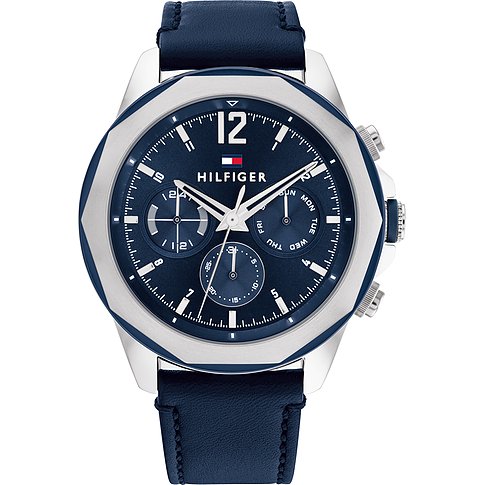 Tommy Hilfiger Herrenuhr aus blauem Edelstahl mit Tachymeter und drei Chronographen-Hilfszifferblättern.