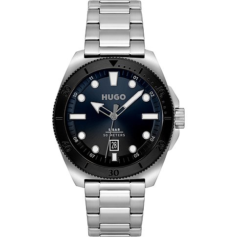 Hugo Herrenuhr aus blauem und schwarzem Edelstahl von oben dargestellt.