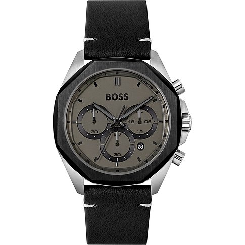 Die Boss Herrenuhr aus Edelstahl zeigt ein graues Zifferblatt mit Chronographenaugen und einem schwarzen Lederarmband.