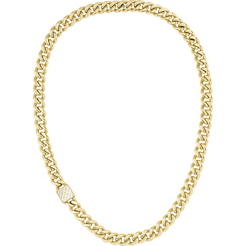 Boss Halskette aus goldfarbenem Edelstahl mit Panzerketten-Design und BOSS Logo auf dem Verschluss.