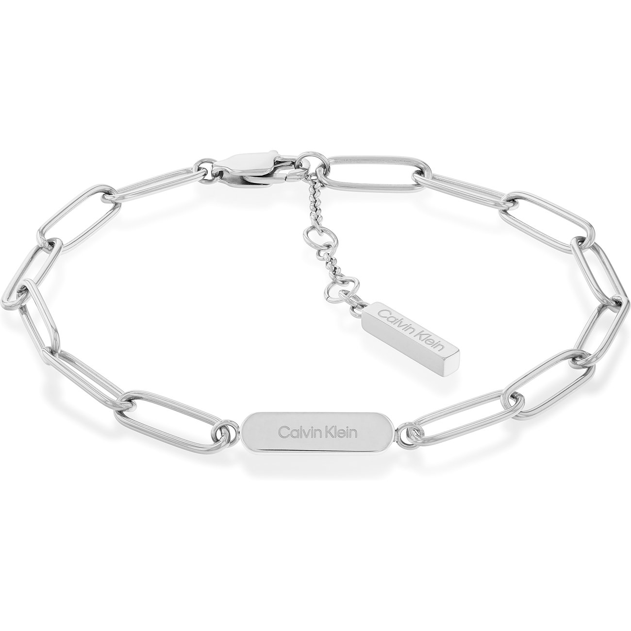Calvin Klein Damenarmschmuck aus Edelstahl, ein Armband aus länglichen Gliedern mit zwei Plaketten.