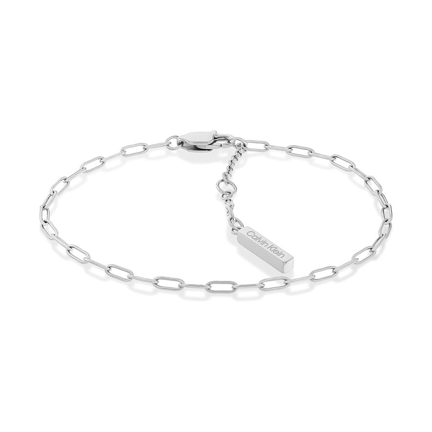 Calvin Klein Damen-Armband aus glänzendem Edelstahl mit schmalen, länglichen Gliedern und Logo-Plakette.