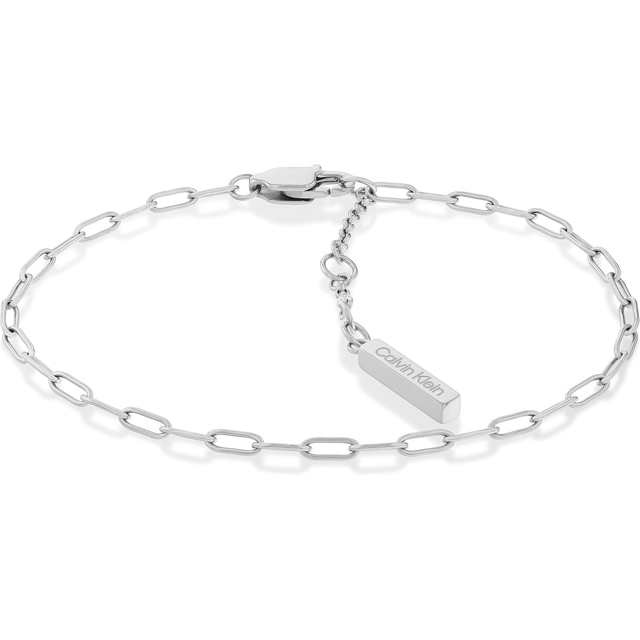 Calvin Klein Damen-Armband aus glänzendem Edelstahl mit schmalen, länglichen Gliedern und Logo-Plakette.