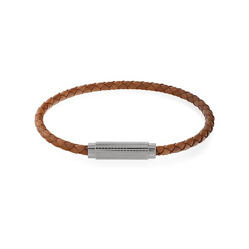 Calvin Klein Damenarmband aus braunem geflochtenem Leder mit einem rechteckigen Verschluss aus Edelstahl mit Gittermuster.