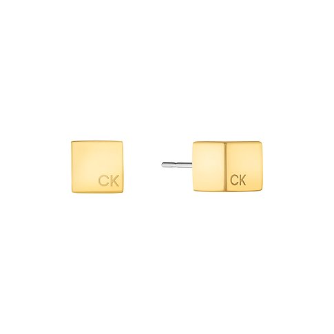 Calvin Klein Ohrstecker aus goldfarbenem Edelstahl in Würfelform mit "CK"-Logo auf der Vorderseite.