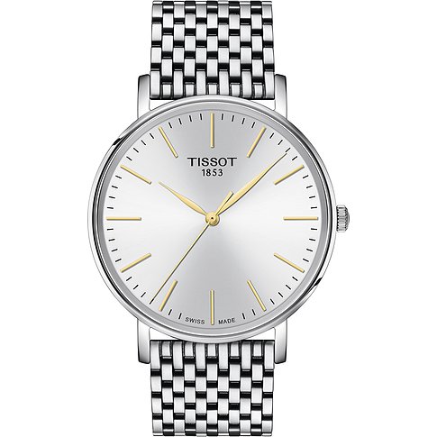 Tissot Unisexuhr mit Edelstahlgehäuse, silberfarbenes Zifferblatt, goldfarbene Zeiger.