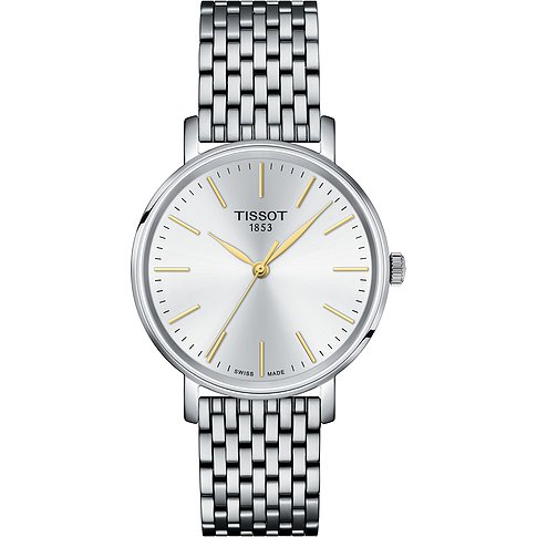 Tissot Unisexuhr mit Edelstahlgehäuse, silberfarbenes Zifferblatt und goldfarbenen Zeigern.