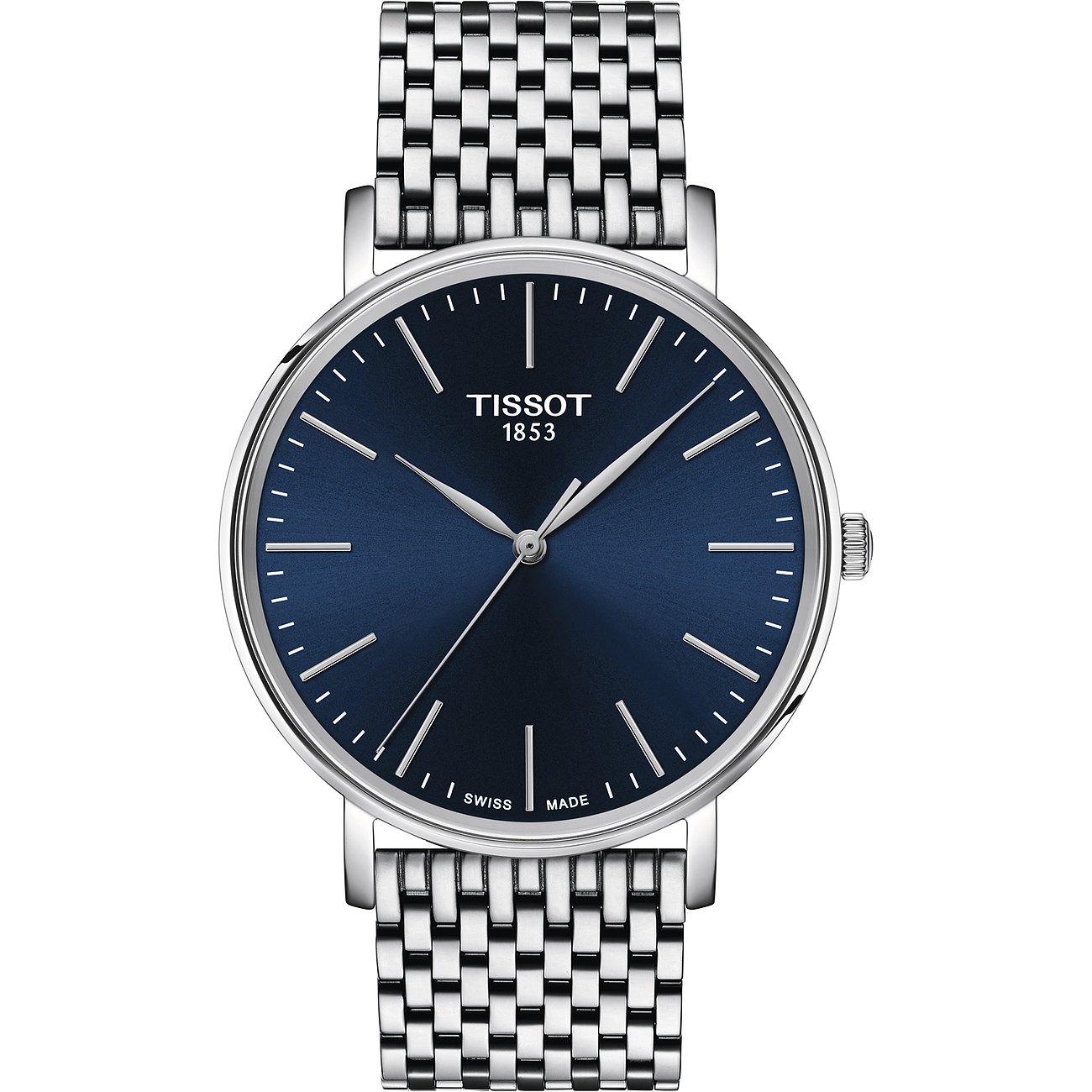 Tissot Unisexuhr mit Edelstahlgehäuse, blauem Zifferblatt und Edelstahlarmband.