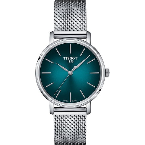 Tissot Unisexuhr mit Edelstahlgehäuse, grünem Zifferblatt und Mesh-Armband.