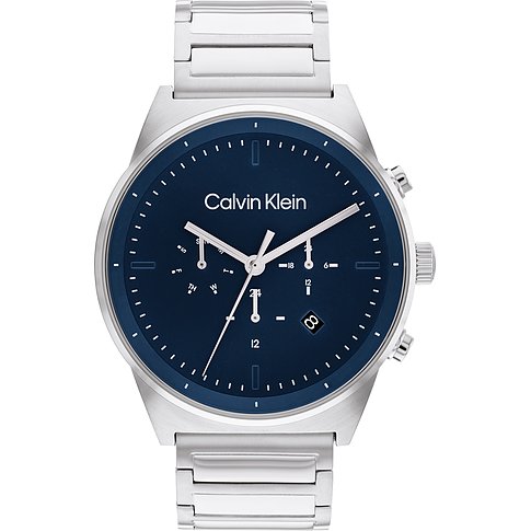 Calvin Klein Herrenuhr aus Edelstahl mit marineblauem Zifferblatt und silberfarbenen Akzenten.