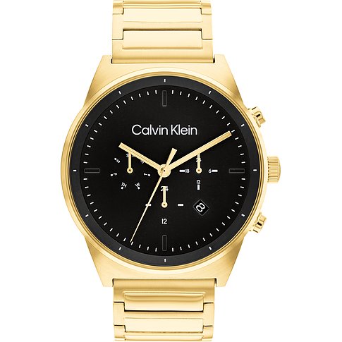 Eine Calvin Klein Herrenuhr aus goldfarbenem Edelstahl mit schwarzem Zifferblatt und goldenen Zeigern.