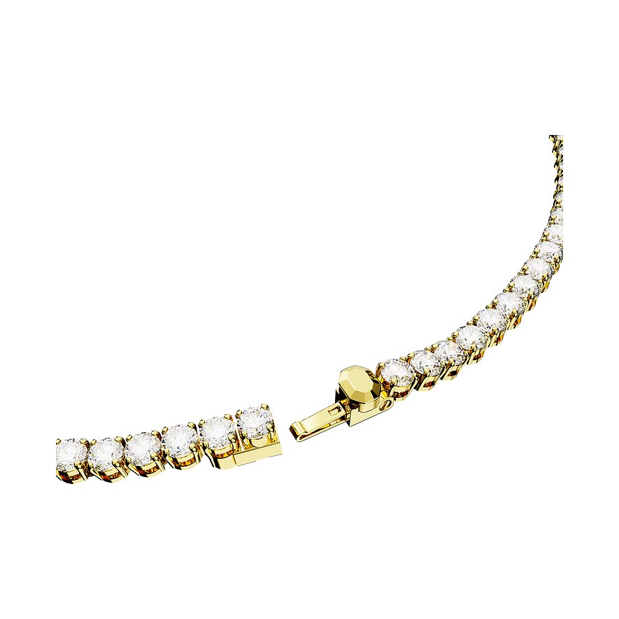 Close-up einer teilweise geöffneten, goldfarbenen Swarovski Tenniskette aus Metall mit runden Swarovski Kristallen.