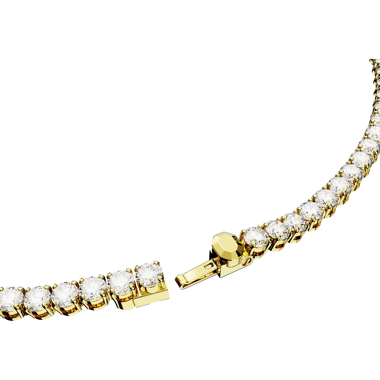 Close-up einer teilweise geöffneten, goldfarbenen Swarovski Tenniskette aus Metall mit runden Swarovski Kristallen.