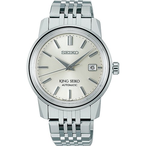 Seiko Herrenuhr aus glänzendem Edelstahl, frontal aufgenommen, mit silbernem Zifferblatt und Datumsanzeige.