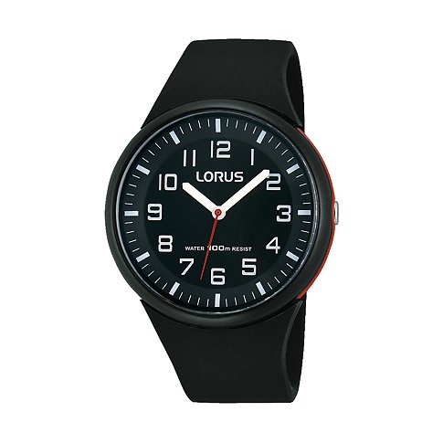 Montre Lorus pour femme avec boîtier en acier inoxydable, analogique, cadran noir, bracelet noir.