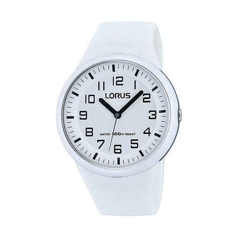 Montre Lorus pour femme avec boîtier en acier inoxydable, cadran blanc et bracelet en plastique blanc.