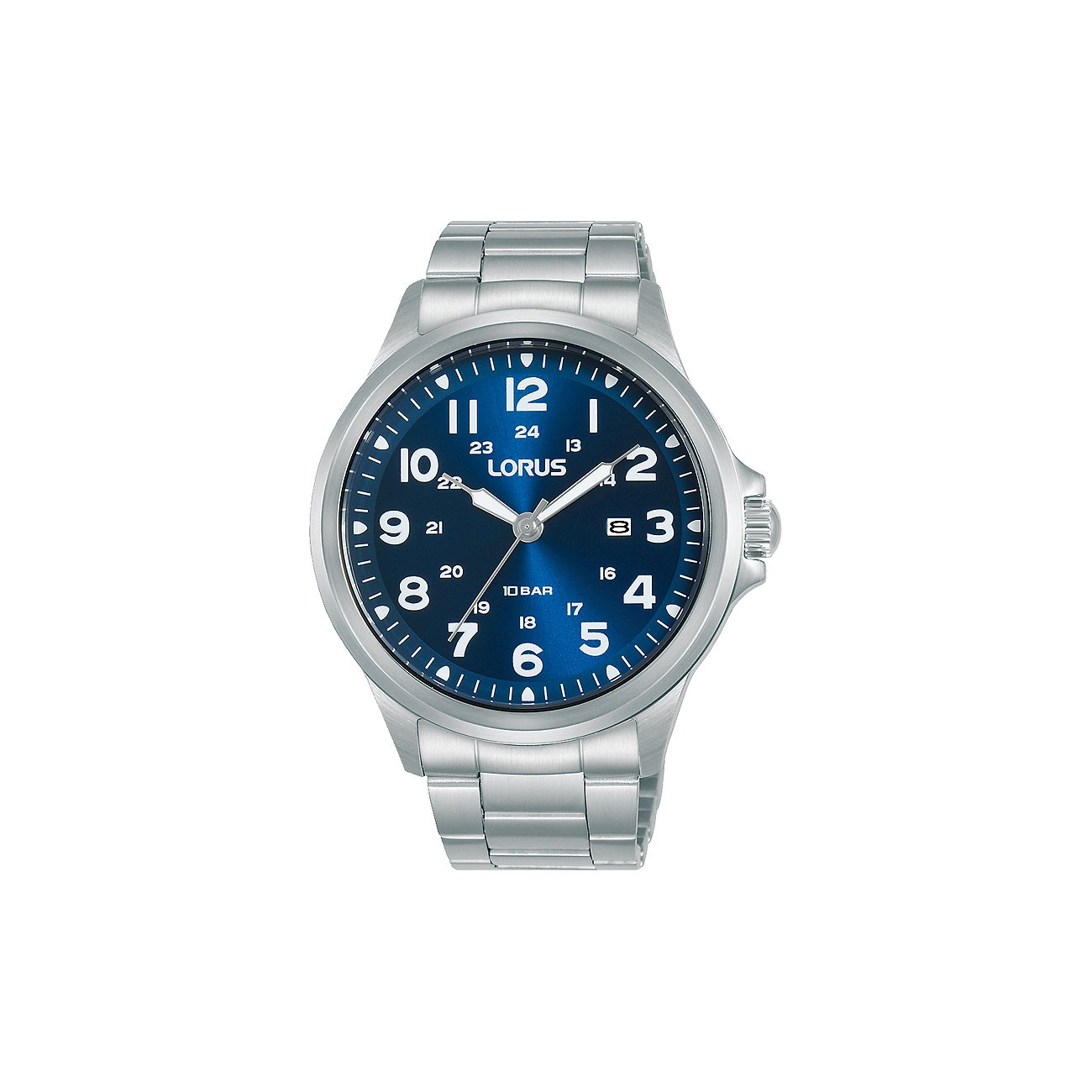 Lorus Herrenuhr mit Edelstahlgehäuse und blauem Zifferblatt.
