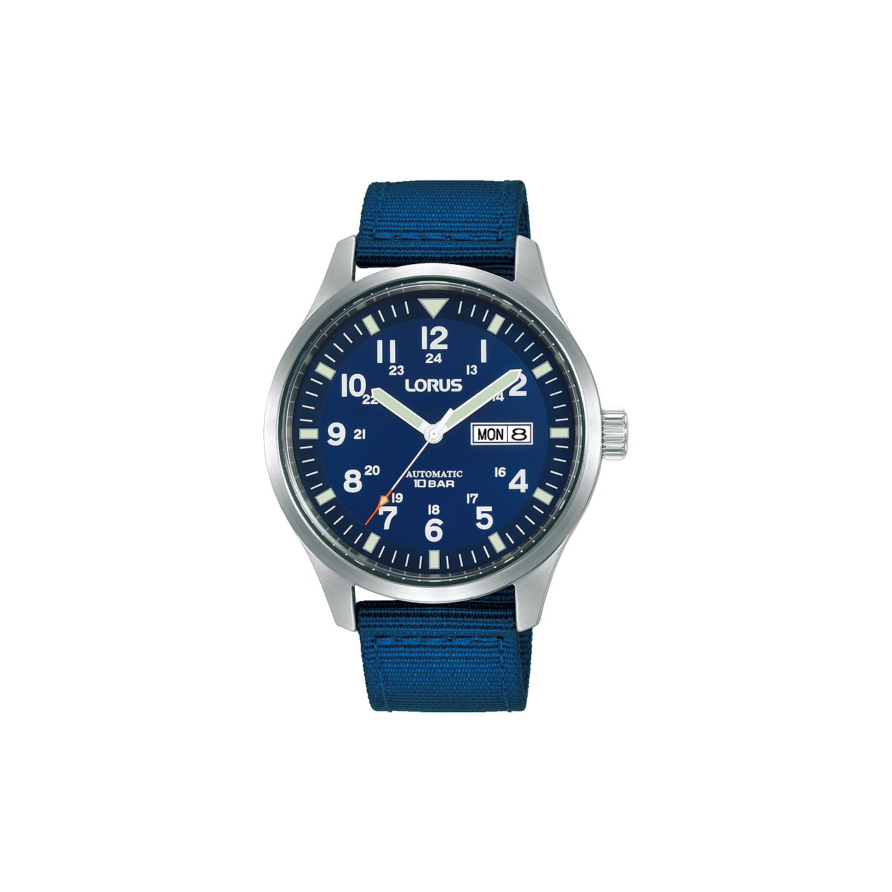 Lorus herrur med boett i rostfritt stål, blå urtavla och automatiskt urverk.