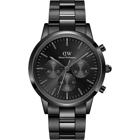 Den svarta Daniel Wellington herrklockan i rostfritt stål med kronograffunktion, sedd framifrån.