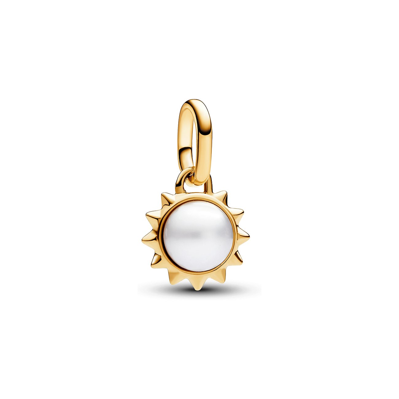 Pandora Anhänger aus Metall mit Perle und Sonnensymbol.